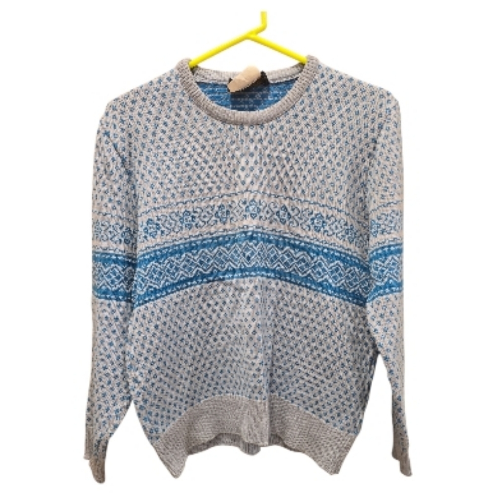 Vtg Eddie Bauer Men's Fair Isle Nordic Ski Style Wool Gray And Teal Sweater Sz M